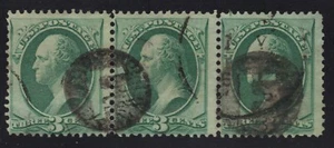 US #147 Used 3c Washington Cole #Lf-14 Negative "F" Strip of Three Friendship NY - Foto 1 di 2