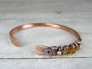 Handmade Copper HEALING BRACELET - BANGLE- AMBER COPPER Wire Wrapped Bracelet  - Picture 1 of 11