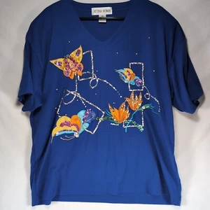 Victoria Woman 3X Comfy Blue V-Neck Butterfly Flowers Blouse Shirt Top Plus Size - Picture 1 of 13