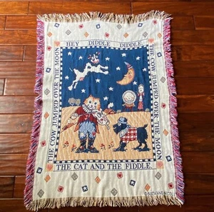 Vintage Red Calliope Tapestry Throw Fringe Blanket "Hey Diddle Diddle" Made In U - Picture 1 of 9