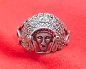 ANELLO VINTAGE ARGENTO STERLING 925 TESTA DI CAPO INDIANO NATIVI AMERICANI DIAMANTI 7,5 - Foto 1 di 5