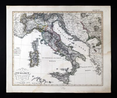 Mapa Stieler & Stulpnagel 1845 Italia Cerdeña Roma Florencia Sicilia Venecia Nápoles Foto 1 de 4