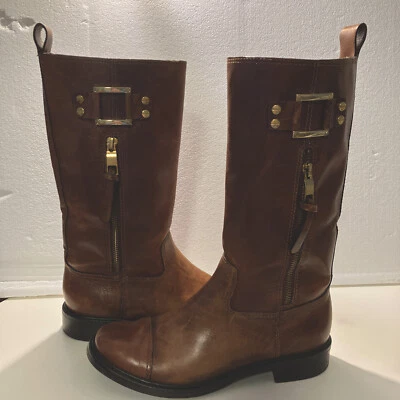 Botas de Colección TORY BURCH Stowe Sienna 242 Cuero Marrón Dorado 7.5 Foto 1 de 4