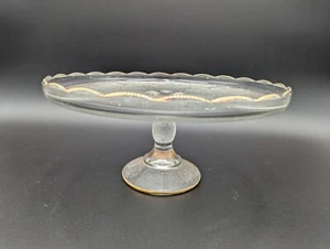 VTG Jeannette Harp Pedestal Footed Cake Plate Stand Gold Trim Depression Glass - Picture 1 of 5