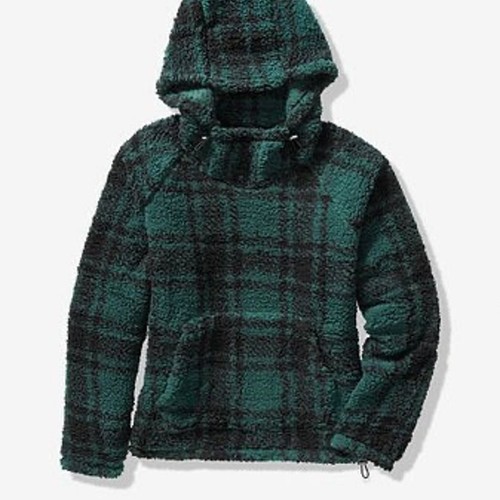 UNDERCOVER Victoria's Secret ROSA Pile Sherpa Pullover Plaid Felpa con Cappuccio Giacca Verde XS