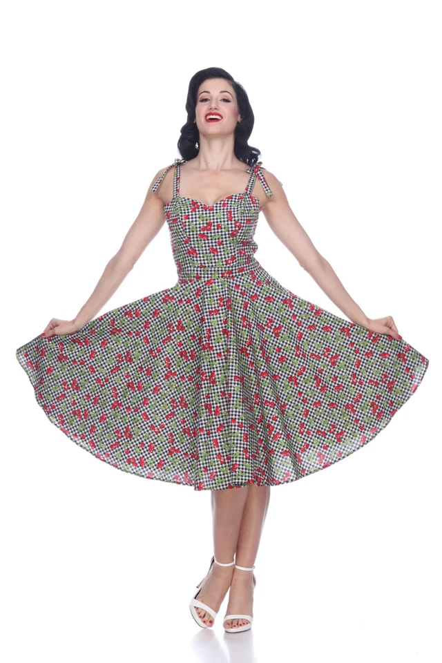 Vestido Swing Bettie Page Cherry Gingham Blanco y Negro a Cuadros Rockabilly Hot Rod Foto 1 de 4