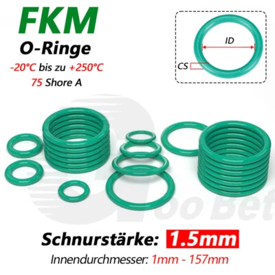 MARKENLOS Schnurstärke 1,5mm Fluorkautschuk O-Ringe FKM 75A Dichtringe ID 1mm - 157mm Grün