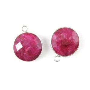 Bezel Gem Pendant - Sterling Silver - 14mm Faceted Coin - Dyed Ruby (2 Pcs) - Bild 1 von 2