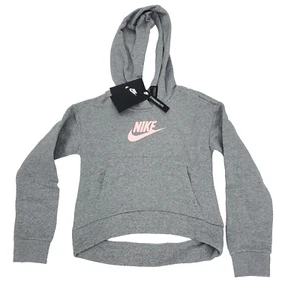 Nike Club Hoodie Sweatshirt Girls Youth Small Gray Pink Fleece Cropped Pullover - Picture 1 of 9