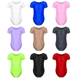 Mens Short Sleeve Leotard Glossy Solid High Cut Bodysuit Swimwear GYM Sportswear - Picture 1 of 78