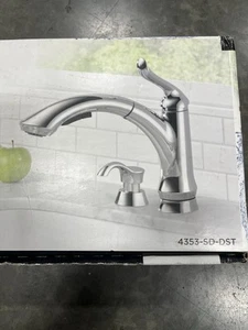 Delta 4353-SD-DST Linden 1-Handle Chrome Pull-Out Kitchen Faucet, Soap Dispenser - Picture 1 of 7