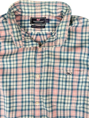 Vineyard Vines Performance Slim Fit Tucker Shirt L Plaid Pink Blue Check Button - Image 1 of 4