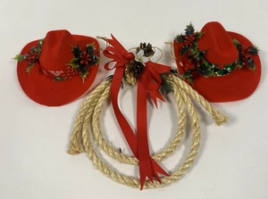 Vintage MCM Felted Flocked Cowboy Hat Ornament Lasso Rope Lot of 3 60s 70s - Picture 1 of 7