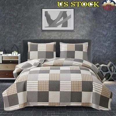 Queen Size Plaid Quilt Set Soft Microfiber Bedspread Cozy Patchwork Bedding New - Image 1 of 4