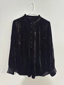 Talbots Black Velvet Ruffle Neck Long Sleeve Tunic Top Sz L Witchy Whimsical - Picture 1 of 6
