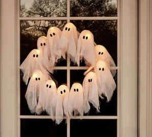 Halloween beleuchteter Geisterkranz LED beleuchtet weiß Geist Girlande, gruselige Deko 15,75 Zoll - Bild 1 von 11