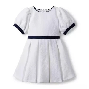 Janie & Jack White Navy QUILTED PUFF SLEEVE JACQUARD DRESS Size 5 Nautical - Picture 1 of 12