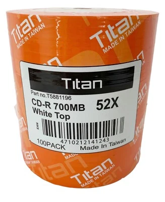 100 Titan Brand White Top 52X 80min 700MB CD-R CDR Blank Disc Media - Image 1 of 3