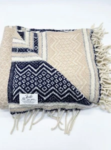 FARIBO THROW LAP BLANKET 100% WOOL BOHO 50”X48” Neutrals Tan Navy VTG - Picture 1 of 6