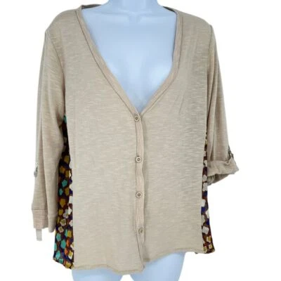 Democracy Beige Knit Chiffon Print Back Button Front Roll Tab Cardigan SZ S - Image 1 of 4