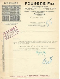 ANGOULEME. FACTURE LETTRE 1939. FOUGERE , QUINCAILLERIE AGENCE BERNARD-MOTEURS - Picture 1 of 1
