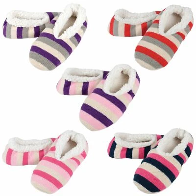 Womens Snoozie Stripe Knitted Snugg Ladies Slippers / Super Soft Sherpa Lining