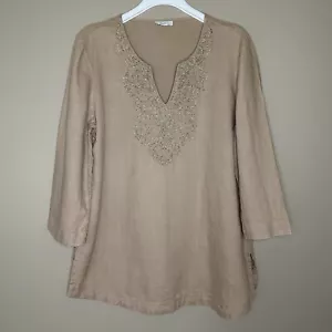 100% Linen Tunic Top Beaded Tan Charter Club 3/4 Sleeve Boho Women XL Neutral - Picture 1 of 10