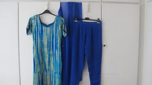 BOLLYWOOD  SAREE INDIAN ETHNIC SUIT BLUE TURQUOISE & GOLDEN BEIGE UK SIZE 12-14 - Picture 1 of 11