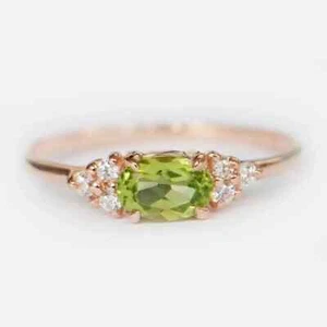 Dainty Oval Cut Natural Peridot 14K Rose Gold Plated 925 Silver Engagement Ring - Picture 1 of 7