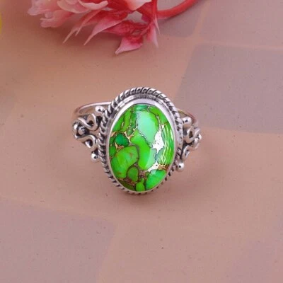 Green Copper Turquoise Gemstone 925 Sterling Silver Band Ring Handmade Jewelry D - Image 1 of 4