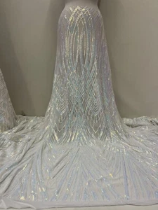 White Iridescent Stretch Sequin Fabric/Sequin Lace Fabric/White Sequin-Per Yard - Picture 1 of 8