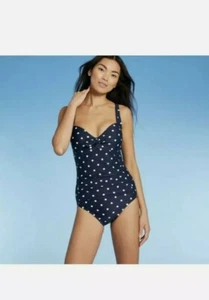 (Lot of 2)Women's Shirred Tie Front One Piece Swimsuit Kona Sol Navy Dot L, Blue - Picture 1 of 11