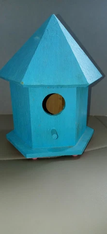VINTAGE Wooden BIRDHOUSE Hexagon shape Painted BLUE Cover