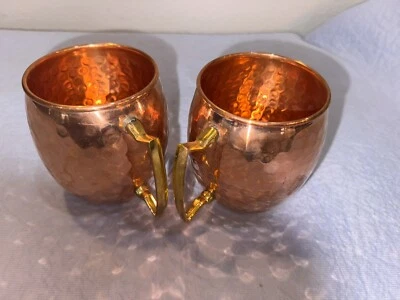 Pair Solid Copper Moscow Mule Mugs by ODI, 16 oz Hammered Brass Handle. 4”Tall. - Изображение 1 из 4