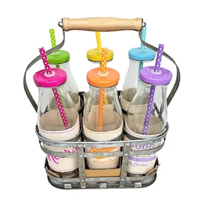 6 Glass Bottles Colorful Caps Polk Dot Hard Plastic Straws Metal Carrier - Picture 1 of 5