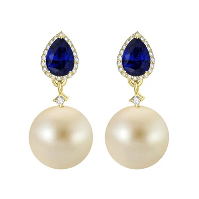 41.00Ct Lab Created Sapphire, Real Topaz & Pearl Dangle Earrings 14k Gold Plated - Image 1 of 4