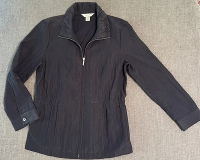 Christopher & Banks Petite Zip Up Jacket Elastic Waist Pockets Womens P/S Navy - Image 1 of 4