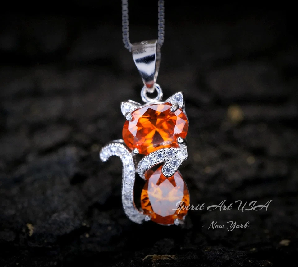 Cat Sunstone necklace, Gemstone Kitty Cat Sun stone Pendant, Orange Gemstone - Image 1 of 4