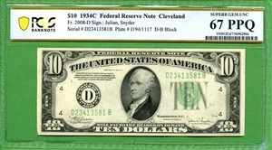 1934C $10 Federal Reserve Note Cleveland FR-2008D PCGS UNC 67PPQ   JULIAN SNYDER - Picture 1 of 2