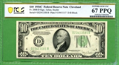 1934C $10 Federal Reserve Note Cleveland FR-2008D PCGS UNC 67PPQ   JULIAN SNYDER - Image 1 of 2