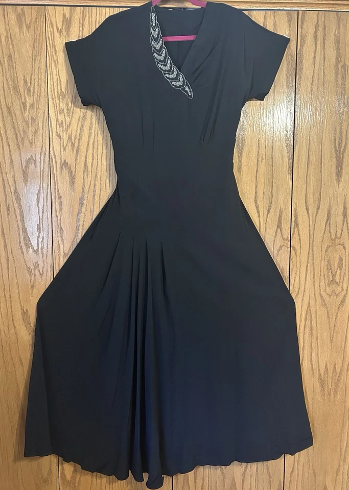 1940's  Black Crepe Cocktail/Evening Dress Silhouette Design W Beaded Neckline S - Image 1 of 4