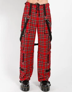 Gothic Red Plaid Pants – Skinny Fit, Straps, Zippers, Unisex Stretch Style - Picture 1 of 5