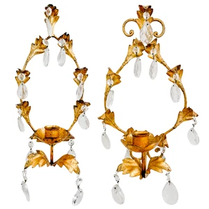 Italian Florentine Gold Tole Candlestick Wall Sconces With Teardrop Crystals - Picture 1 of 14