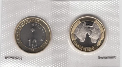 SWITZERLAND BIMETALLIC 10 FRANCS COIN 2012 COW FIGHTING UNC - Image 1 of 2