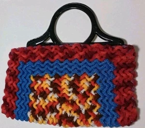Hand Crocheted Handbag Purse Plastic Handles Blue/Red/Multi Yarn 16"x10" NWOT - Picture 1 of 9