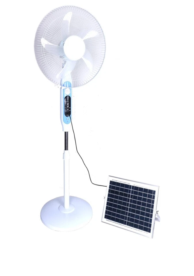 Solar Fan Rechargeable Standing 16inch with Panel Remote Light USB White New - Image 1 of 1