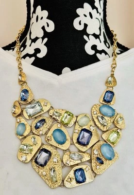 Vtg Signed RJ Graziano Bib Necklace Multi Gem Gold Tone Made in USA NOS - Image 1 of 4
