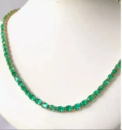 20" Inch 8Ct Oval Cut Lab Created Emerald Tennis Necklace 14k Yellow Gold Plated - Image 1 of 4