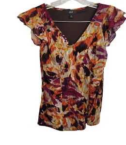 AGB Multicolor Floral Ruffled Sleeve V-Neck Top Size M Lightweight & Flowy - Picture 1 of 4