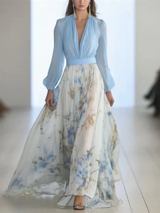 Romantisches Chiffon V-Ausschnitt Blumen Langarm A Linie Maxikleid Gr. L Gratis S/H - Bild 1 von 4